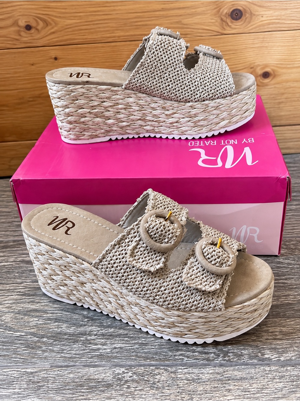Not rated Woven Platform Slide Sandals w/ Buckles sz 7.5 NIB note sm black mark
